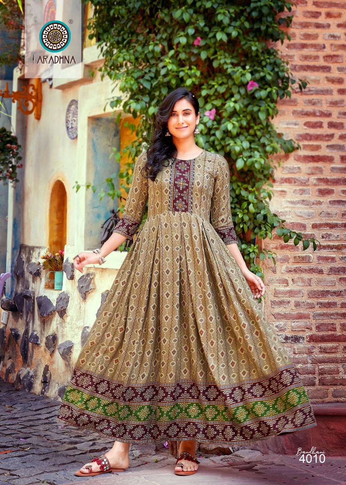 BANDHANI VOL 4 RAYON BANDHANI PRINT EMBROIDERY WORK LIVA TAG LONG GOWN KURTI BY ARADHNA BRAND 4010
